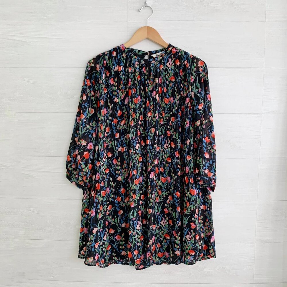 Zara - Black Floral Pleated Chiffon Swing Dress S… - image 1